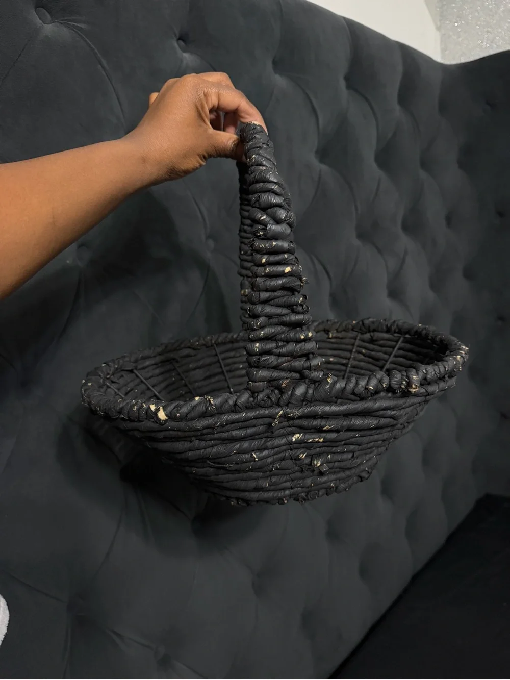 Picnic Black Woven Decorative Basket with Handle